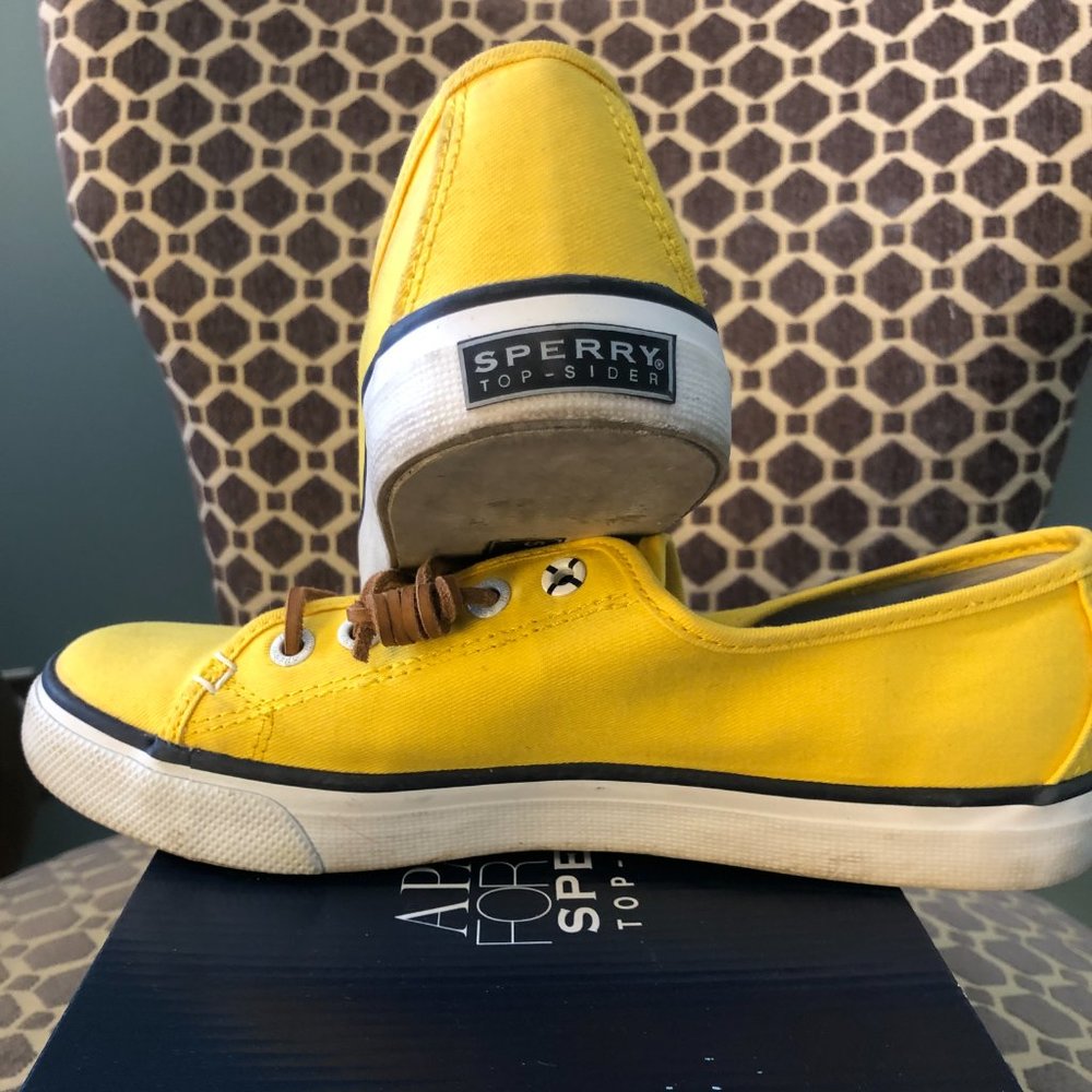 Seacoast canvas yellow Sperry sneakers tennis shoes Leather shoe laces Size 7.5 - Picture 4 of 5